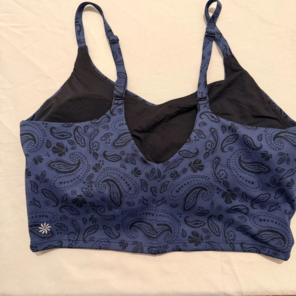 Athleta Elation Longline Bra Blue Paisley Powervita V-Neck Sports Bra Small